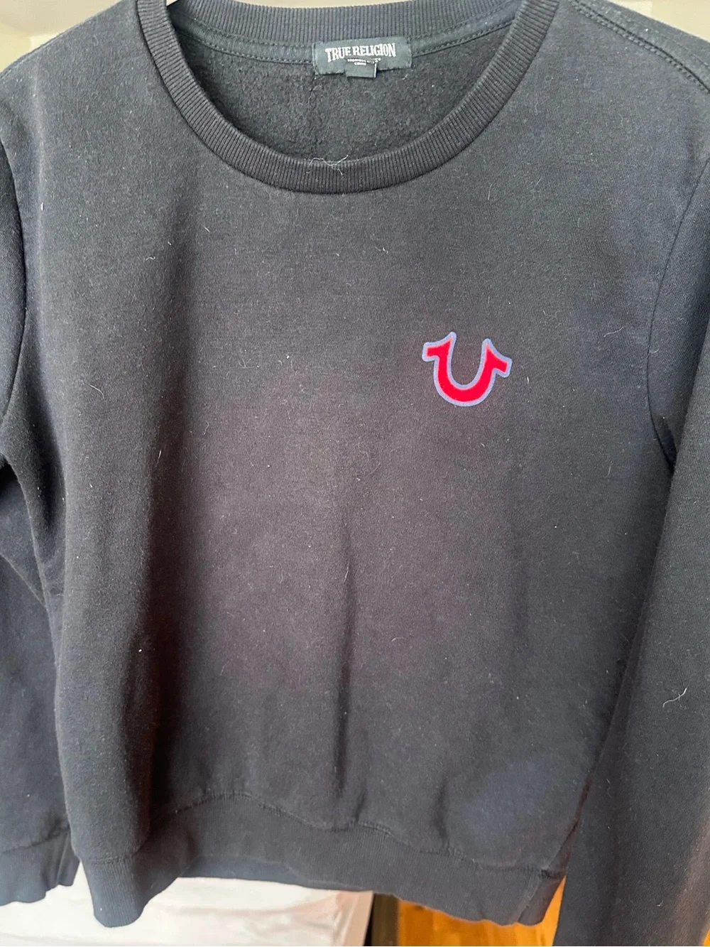 True Religion Black Crewneck Sweater with Pink Logo Emblem